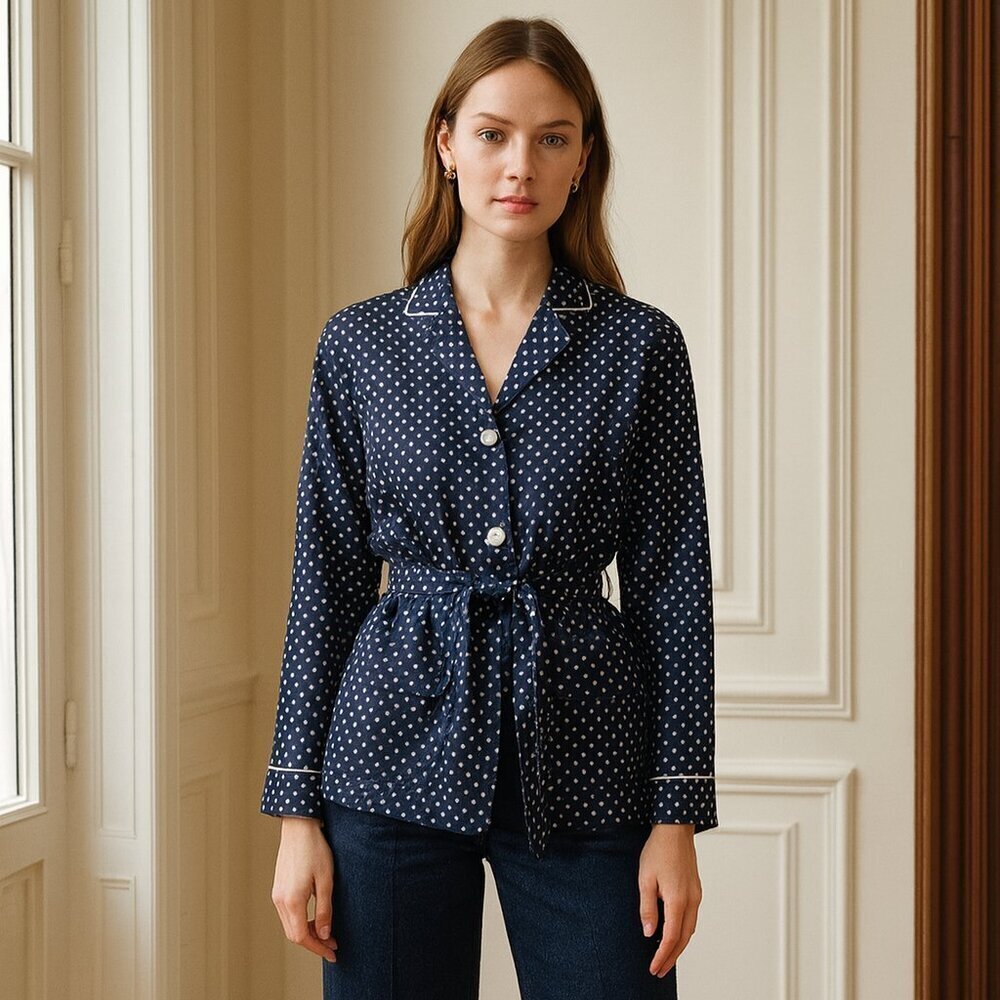Raquel Allegra Relaxed Blazer in Navy Polka Dot